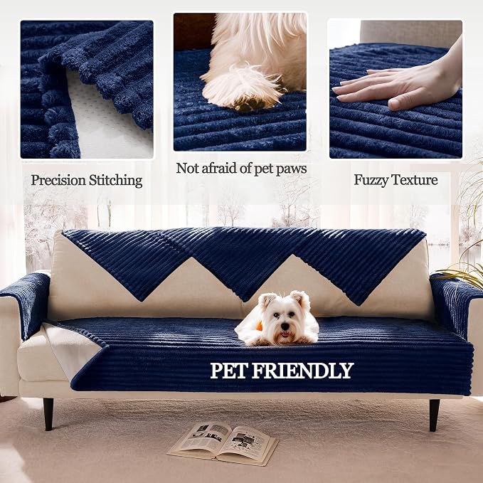 Waterproof Dual Non-Slip Couch Cover for Dogs, Fuzzy Soft Pet Couch Covers for 2 Cushion Sofa loveseat, Pet Friendly Soft Dog Bed Covers Sofa Cover Washable (Navy Blue, 33" x 62" 1 Pack) - Image 4