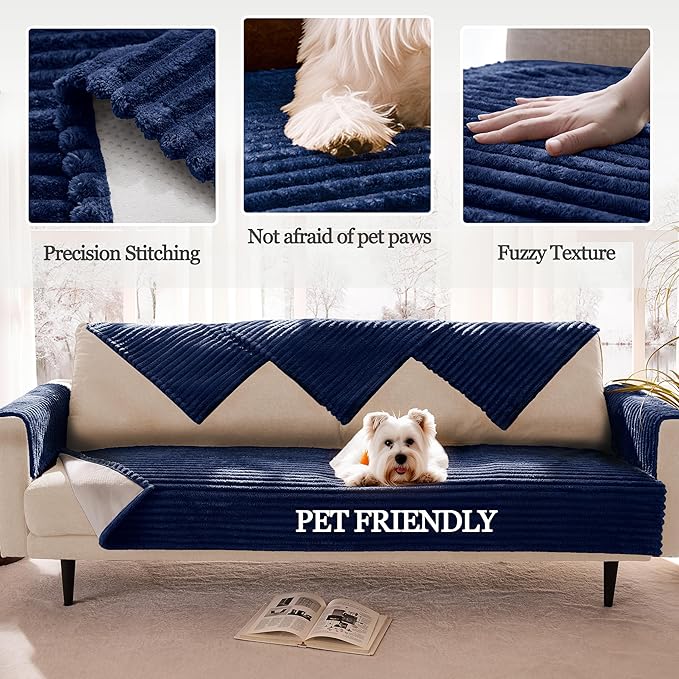 Waterproof Couch Cover for Dogs Non-Slip, Fuzzy Soft Pet Couch Covers for Sofa, Pet Friendly Area Rug Dog Bed Covers Washable Sofa Cover Mat (Navy Blue, 58" x 82" 1 Pack) - Image 3