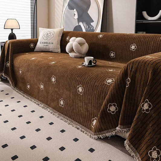 ROOMLIFE Boho Couch Covers Brown for 3 Cushion Sofa, Chenille Couch Cover Sectional Sofa Cover for Dog, Washable Furniture Sofa Protector Cover Soft Blanket with Tassel for Living Room, 71 '' X 150'' by ROOMLIFE