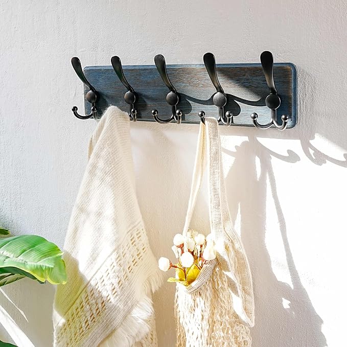 Dseap Coat Rack Wall Mount - Heavy-Duty Robust Barnwood-Style Wooden Wall Coat Hanger Hook Rail with 5 Triple Hooks for Winter Coats Hat Jacket Clothing, Weathered Blue & Black - Image 8