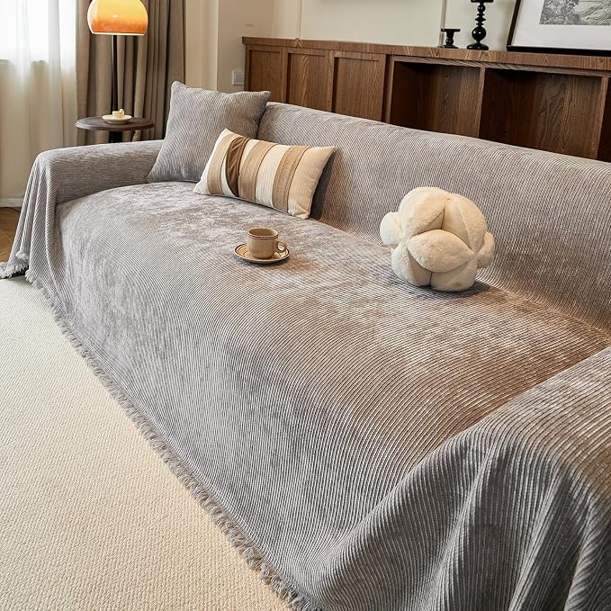 Gray Boho Couch Covers for Sofa Washable for 3 Cushion Couch,71''X150'' | Chenille Furniture Protector Sofa Couch Cover for Dogs, Soft Breathable Sofa Slipcover, Couch Throw Blankets with Tassels - Image 7