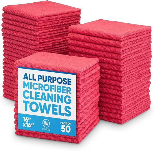 Microfiber Wholesale 16" x 16" All Purpose Towels - 50 Pack - Reusable Wash Cloths, Dust, Kitchen, Car, Shop Rags for Cleaning (Red) by MicrofiberWholesale