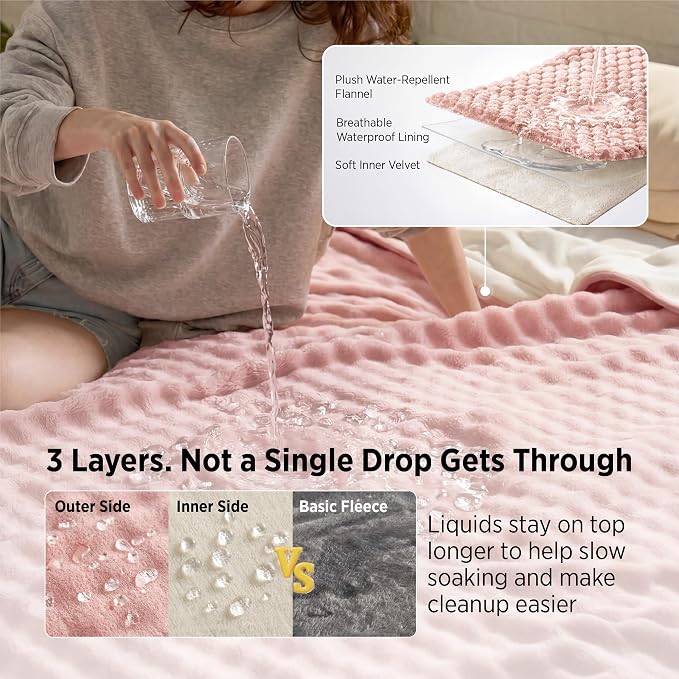 Bedsure Bubble Waterproof Blanket for Couch - Soft Fleece Reversible Dog Blankets for Small Dogs, Waterproof Couch Sofa Cover Bed Protector, Pink/Beige, Throw 50x60 inches - Image 3