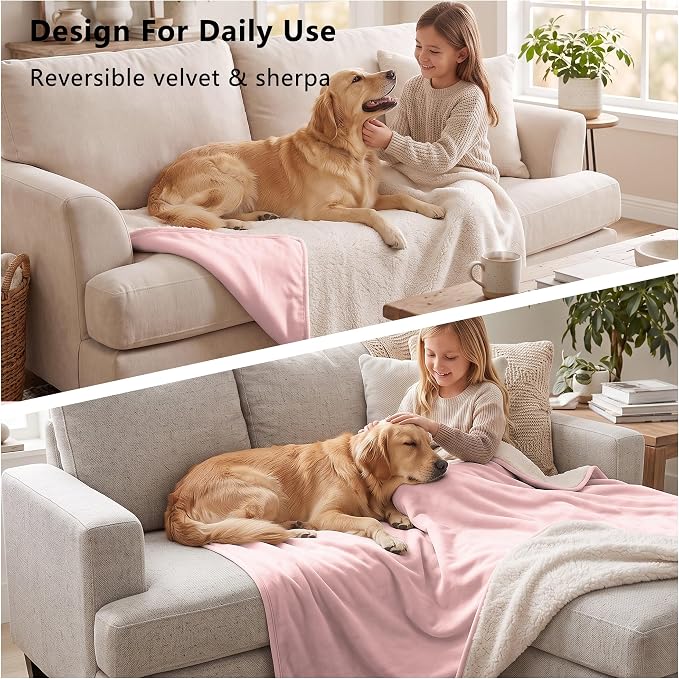 Waterproof Blanket for Bed - Dog Throw as Furniture Protector | Cozy Sherpa & Smooth Velvet, Reversible and Machine Washable, for Couch and bed, 60"x80", Pink - Image 5