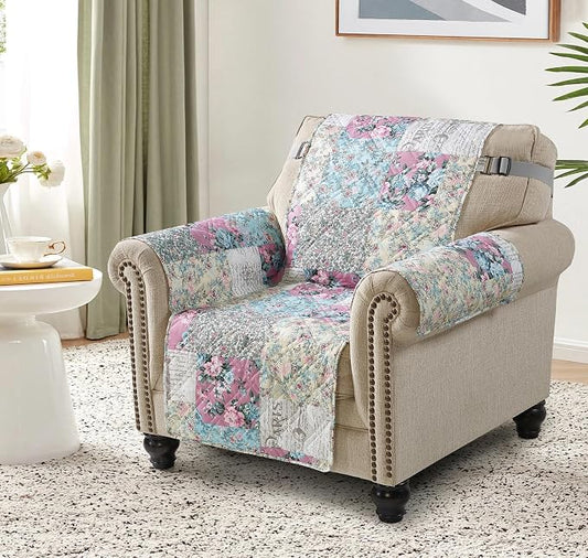 Brilliant Sunshine Lilac and Egg Blue Rose Toile Armchair Cover, 23" seat | Traditional Patchwork Design, Non Slip Sofa Cover, Quilted Furniture Protector, Washable Chair Slipcover for Pets, Dogs by BrilliantSunshine