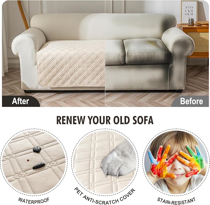 Genina Waterproof Couch Cover,Washable Anti-Slip 78inch Sofa Covers with 3 Cushions,Sectional Couch Covers for Pets Friendly, Sofa Slipcovers for Dogs Cats(78inch/Beige) - Image 4