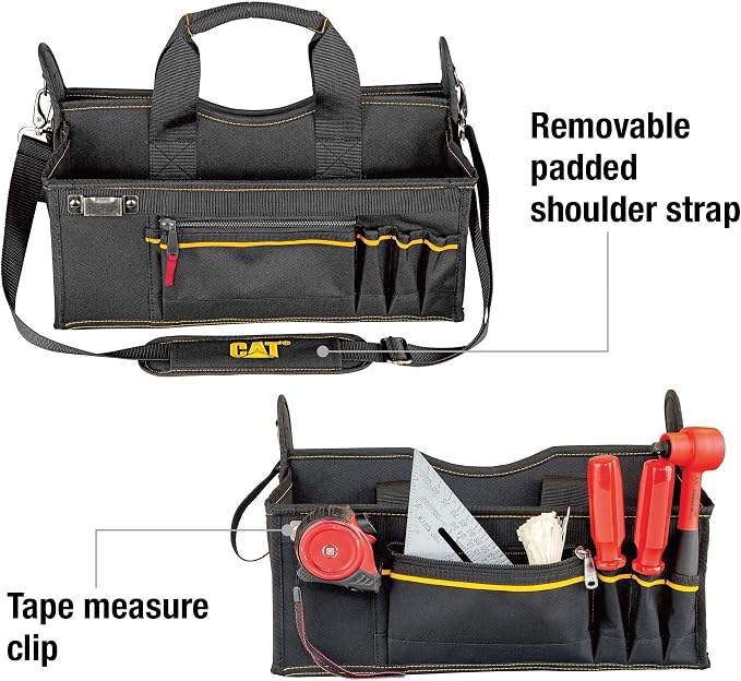 Cat 17-Inch Tech Tool Tote Bag with 20 Pockets, 2 Storage Bins for Small Parts, Dual Compartments, Shoulder Strap, and Hi-Vis Interior – Heavy-Duty 1200D Polyester - 240045 - Image 4