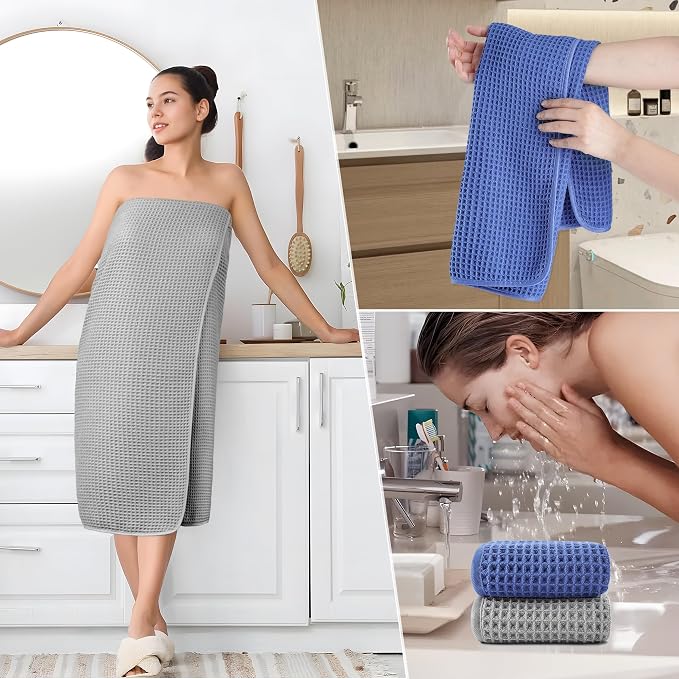 POLYTE 430 GSM Microfiber Quick Dry Lint Free Oversize Bath Towel Set, 6 Piece (Waffle Weave) - Image 5