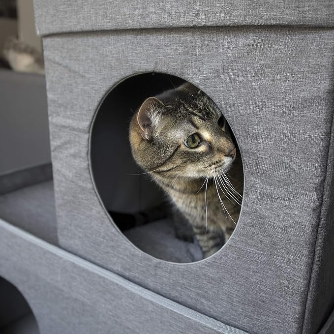 Kitty City Large Stackable Cat Condo & Cube House, Modular Indoor Cat Furniture with Plush Washable Beds, Collapsible Cat Cave & Lounging Ottoman, Grey - Image 9