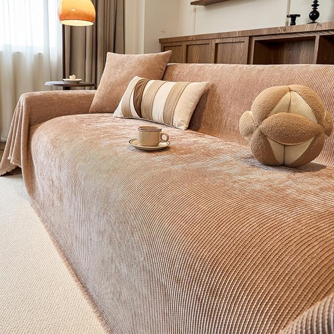 VClife Vintage Camel Striped Couch Cover with Tassel, 71" X 150" | Soft Thick Chenille Couch Covers for 3 Cushion Couch Sofa, Washable Sofa Covers for Sectional Sofa, Fade & Shrink Resistant - Image 5