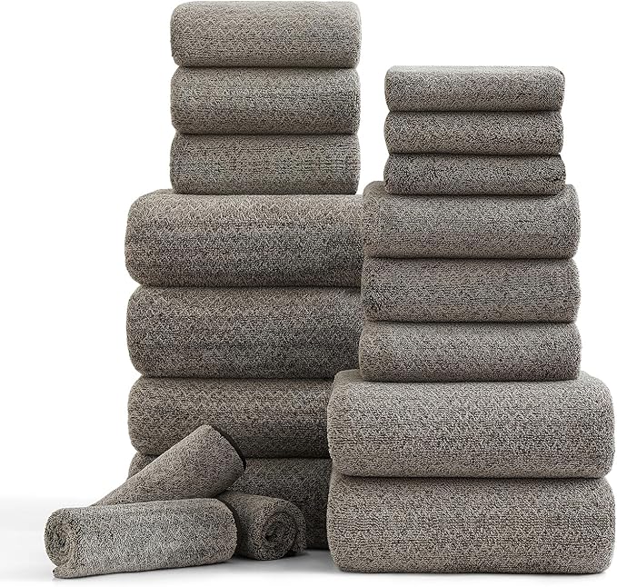 Ycosy 18 Piece Bath Towels Set,100% Microfiber Family Bathroom Towel with Hanging Loops-6 Bath Towels,6 Hand Towels,6 Washcloths,Quick Dry Highly Absorbent Shower Towel for Bathroom,Hotel,Spa-Brown by Ycosy