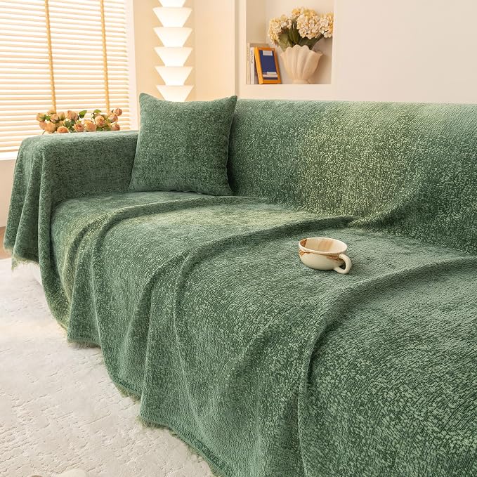 Forest Green Soft Thick Slub Chenille Couch Cover XXL 71x150 in | for All Shape Sofa Couch Furniture Protector, Green Sofa Slipcover Protector for Dogs Pets Kids - Image 5