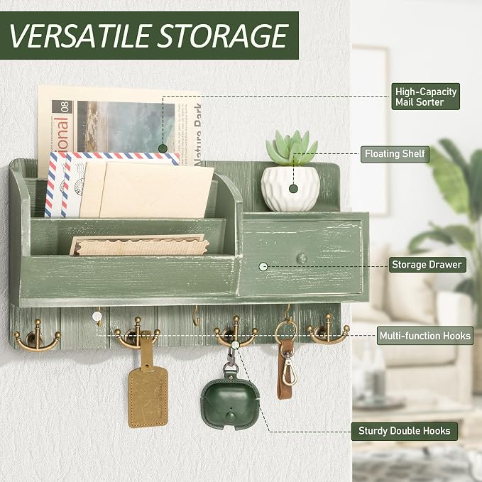Rebee Vision Key Holder Wall Mount with Mail Sorter for Room Decor, Green | Pine Wood Key Holder for Wall with Drawer Storage, 7 Hanging Hooks, Rustic Apartment Essentials for Home Improvement - Image 4