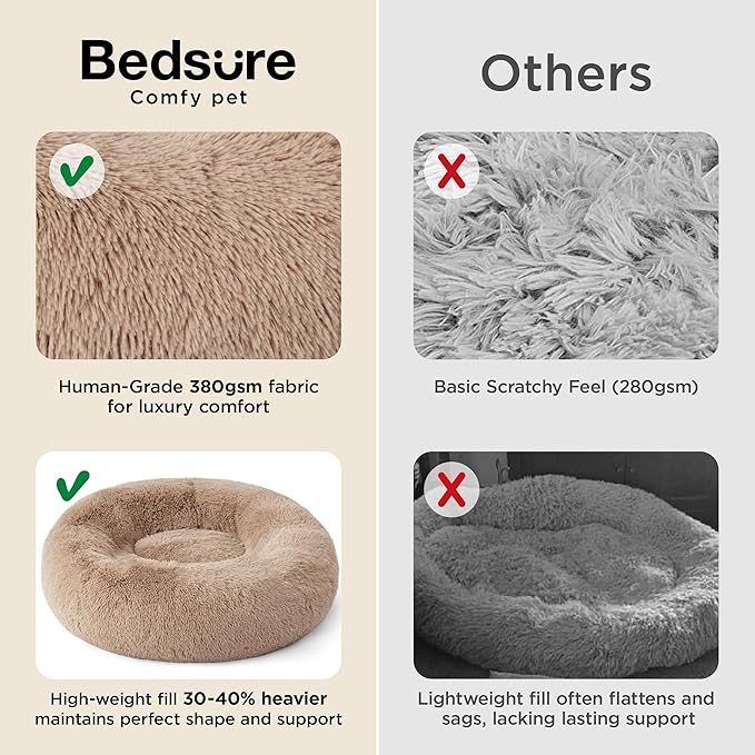 Bedsure Calming Cat Beds Donut Round Washable Kitten Bed,20 inches Camel | Fluffy Faux Fur Cuddler,Machine Washable,Anti-Slip Bottom,Anti-Anxiety,Deep Sleeping for Cats&Small Pets Up to 15 Lbs - Image 3
