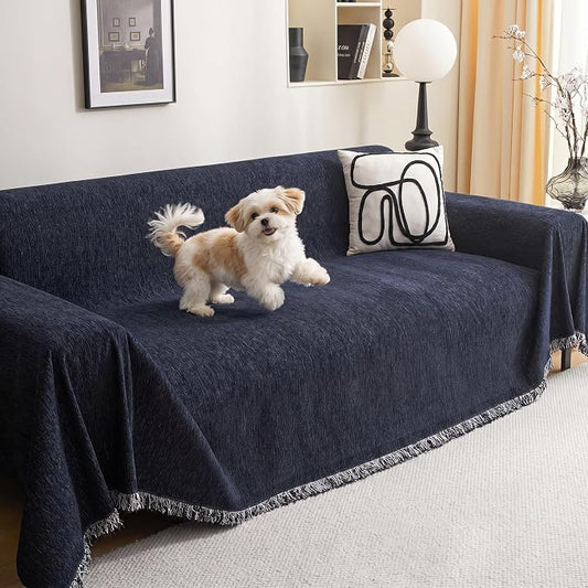 MEETSKY Washable Sofa Cover Navy Blue Sectional Couch Covers for 2 Cushion Couch Sofa Thick Universal Chenille Sofa Covers with Tassel Furniture Protector for Dogs, 71"x 102" by MEETSKY