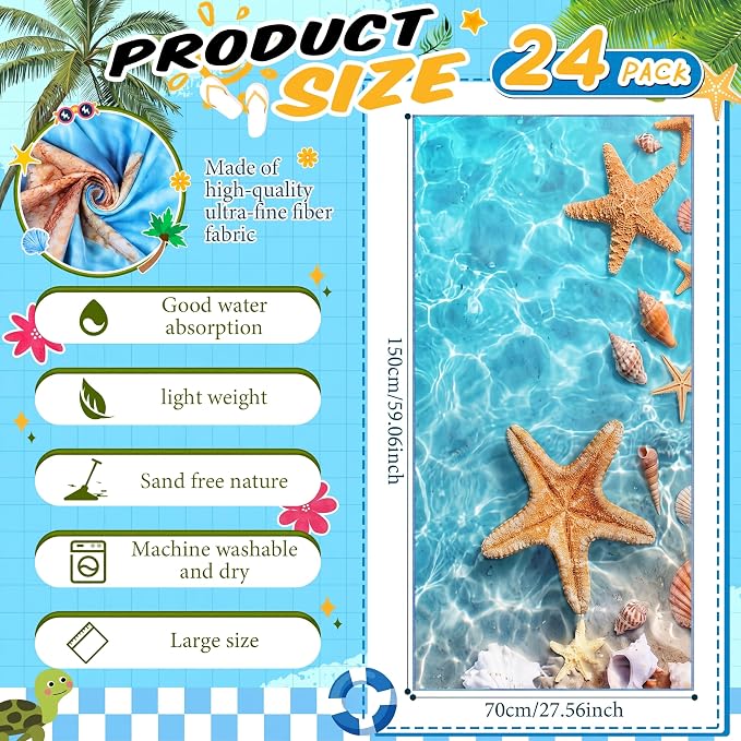 Remagr 24 Pcs Oversized Microfiber Beach Towels Bulk 60"x 28" Extra Large Quick Dry Absorbent Sand Free Towels for Adults, Pool, Travel, Swim, Yoga, Gym (Oceans and Animals) - Image 2