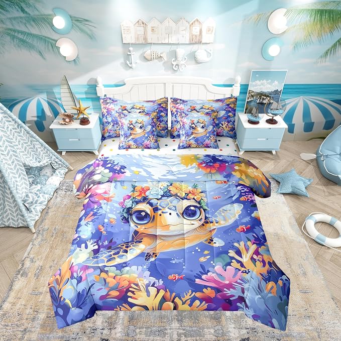 Erosebridal Cute Sea Turtle 7-Piece Bedding Set King Size for Kids, Marine Life Comforter Set with Sheets, Sea Animal Bed in A Bag, Watercolour Coral and Flowers Bedding Comforter Sets by Erosebridal