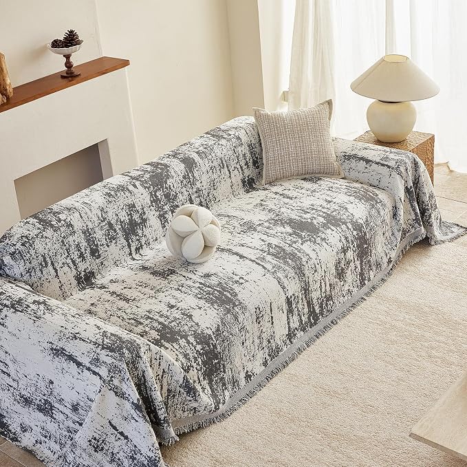 VClife Boho Couch Cover, Non Slip Soft Couch Covers for 2 Cushion Couch Sofa Pet Friendly, Irregular Vintage Grey Off-White Scraped Texture Furniture Protector Sofa Slipcover for Dog, 71" X 118" - Image 8