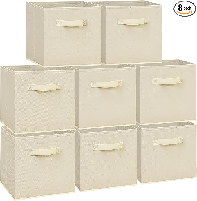 11 Inch Fabric Storage Cubes, Sturdy Foldable Storage Bins, Heavy Duty Cube Organizer for Clothes, Blankets, Shelves, Closets, Bedroom, Living Room, Beige, 8 Pack by Unknown