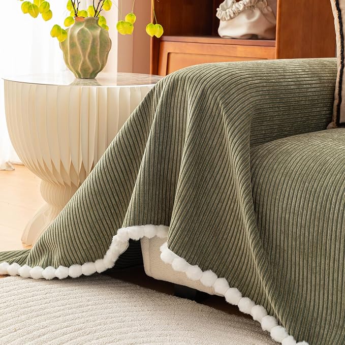 VClife Boho Couch Cover, Thickened Furniture Protector, Green, 71"X134" | Heavy-duty Pet Resistant Thick Chenille Fabric, Modern Striped Pattern, Fluffy Pom-pom Trim, Kids & Pets Household Friendly - Image 8