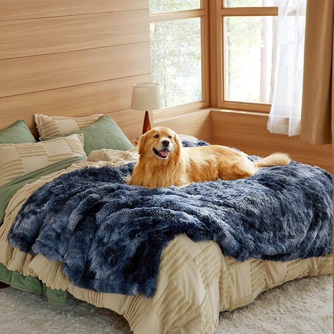 Bedsure Waterproof Dog Blankets for Large Dogs, Fluffy Faux Fur, 60×80" | Plush Fuzzy Reversible Pet Blankets for Couch and Bed, Soft Calming Throw Blanket Washable, Dog Gift, Twin Size,Tie-dye Navy by Unknown
