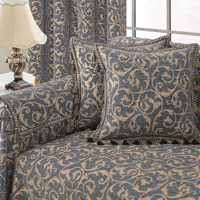 Loom and Mill Chenille Sofa Arm Covers 2 PCS, Blue-Grey+Khaki, 20x24in | Elegant Acanthus Jacquard Couch Armrest Cover with Tassels, Non-Slip Furniture Protector for Chair Sofa Recliner Couch Dogs - Image 7