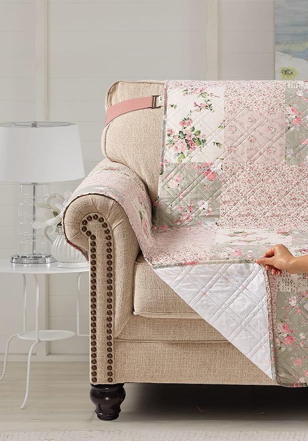 Brilliant Sunshine Rose and Sage Couch Cover, 78" seat | Traditional Patchwork Design, Non Slip Sofa Cover, Quilted Furniture Protector, Extra Large Washable Slipcover for Pets - Image 3