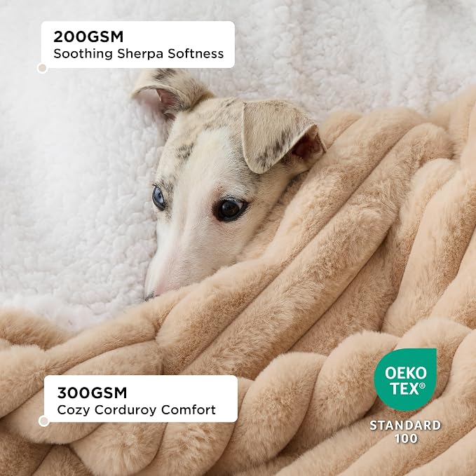 Bedsure ComfyFleece™ Waterproof Dog Blankets for Large Dogs,40x50 | Soft Plush Couch Cover,Washable Corduroy Fleece for Furniture Protector,Cozy Calming Reversible Pet Blanket, Tuscan Beige - Image 3