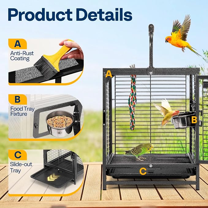 VIVOHOME 19 Inch Wrought Iron Travel Bird Cage for Cockatiel Parakeets | Bird Travel Carrier Cage with Wooden Handle/Perch, Slide-out Tray for Small Parrots Conures Lovebirds Canaries Finches, Black - Image 5