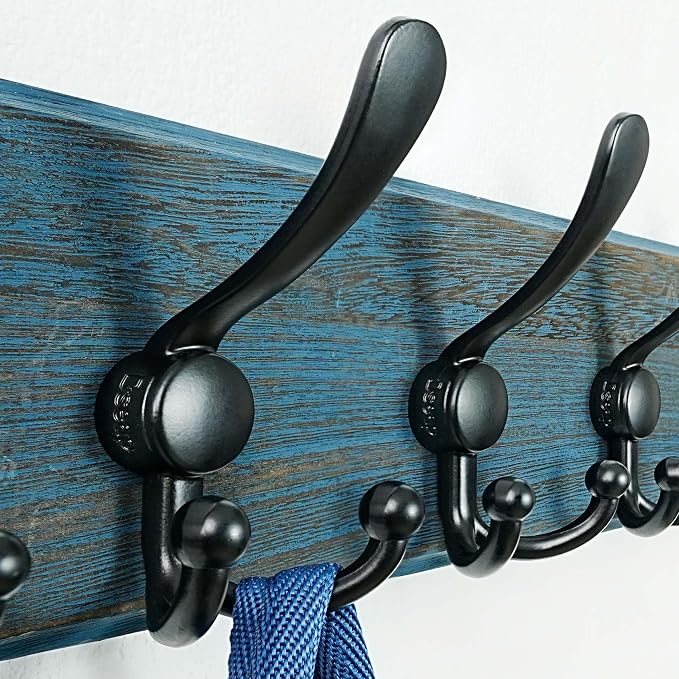 Dseap Coat Rack Wall Mount - Heavy-Duty Robust Barnwood-Style Wooden Wall Coat Hanger Hook Rail with 5 Triple Hooks for Winter Coats Hat Jacket Clothing, Weathered Blue & Black, Pack of 2 - Image 4