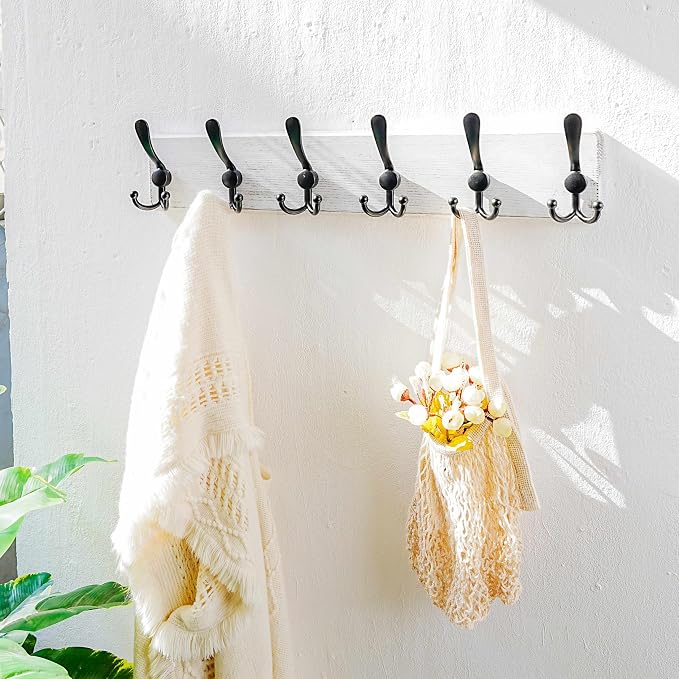 Dseap Coat Rack Wall Mounted - 24" Long 6 Tri Hooks, Heavy Duty Wooden Wall Coat Hanger Coat Hook for Clothes Hat Jacket Clothing, White and Black - Image 6