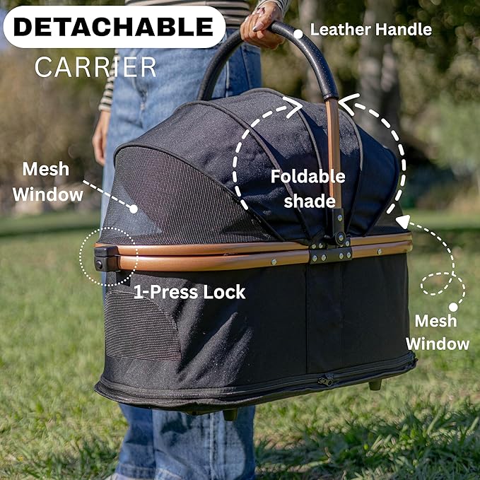 Pet Stroller for Small Dogs & Cats, Foldable for Small/Medium Dog Cat to 50 lbs, Removable Carrier, Storage Basket, Cup Holder, 3-in-1 Multifunctional Detachable (Black)