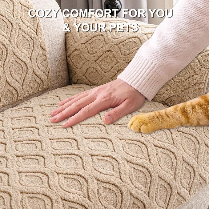 KRFOONN Couch Cover for Dogs Non Slip Washable Plush Sofa Protector Khaki | Pet Sofa Slipcovers for 3 Seaters Cushion Couch, Scratch Resistant, Soft Boho Pet Covers for Couches & Sofas (35.5" x 83") - Image 3