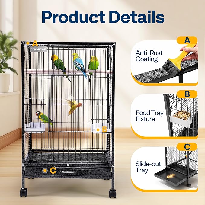VIVOHOME Wrought Iron Bird Cage with Rolling Stand, 30 Inch Height | Standing Bird Flight Cage with Casters, Slide-out Tray for Parakeets Cockatiels Lovebirds Canaries Finches Conures, Black - Image 3
