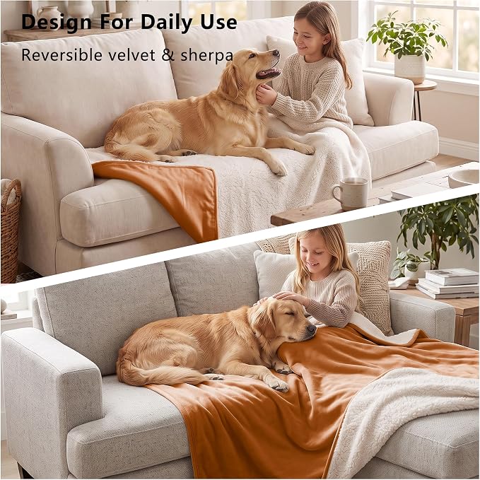 Waterproof Blanket for Couch - Dog Throw as Furniture Protector | Cozy Sherpa & Smooth Velvet, Reversible and Machine Washable, for Couch and bed, 50"x60", Orange - Image 5