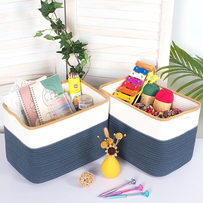 MINTWOOD Design 3-Pack Storage Baskets for Shelves, Playroom and Classroom Storage Basket, Book Basket, Decorative Storage Cube Bins, Woven Closet Organizers, Pantry and Shoe Organizer, Prussian Blue - Image 2