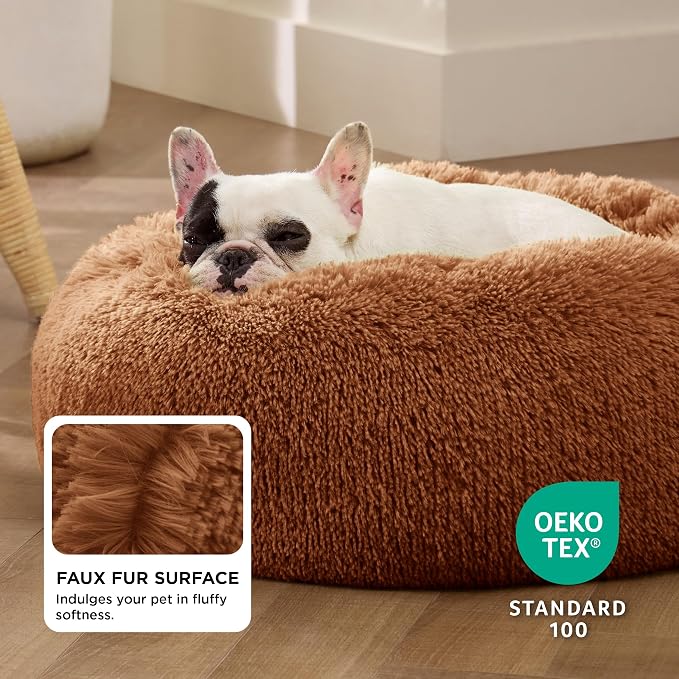 Bedsure Calming Small Dog Bed Donut Washable Cat＆Puppy Bed,23 inches Copper | Fluffy Faux Fur Round Cuddler,Machine Washable,Anti-Slip Bottom,Anti-Anxiety,Deep Sleeping for Large Cat & Pets Up to 25 Lbs - Image 8