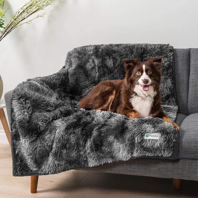 PetAmi Waterproof Dog Blanket for Couch, Queen Bed & Furniture,Reversible Sherpa & Faux Fur Pet Blanket, Leakproof Throw for Large Dog Cat, Washable Soft Calming Protector (90x90, Tie-Dye Black) - Image 7
