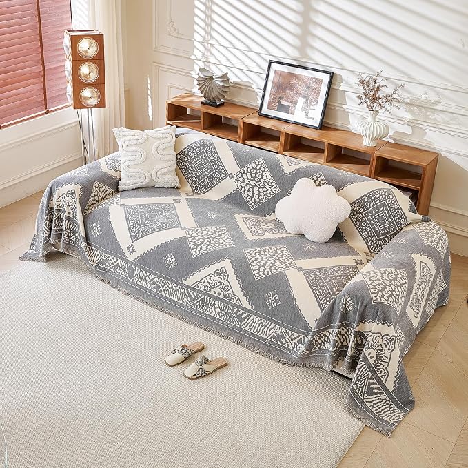 ROOMLIFE Couch Cover 3 Cushion Sofa, Washable Non Slip Furniture Sofa Protector Cover, Soft Chenille Sofa Slipcovers Sectional L Shape Dogs Couch Cover Throw Blanket with Tassels 71''X134'' - Image 2