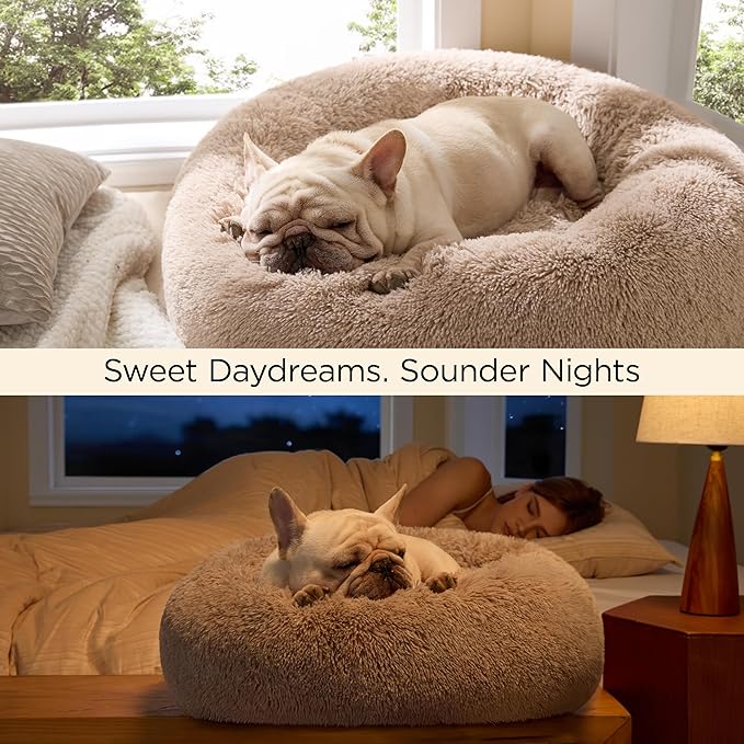 Bedsure Calming Cat Beds Donut Round Washable Kitten Bed,20 inches Camel | Fluffy Faux Fur Cuddler,Machine Washable,Anti-Slip Bottom,Anti-Anxiety,Deep Sleeping for Cats&Small Pets Up to 15 Lbs - Image 4