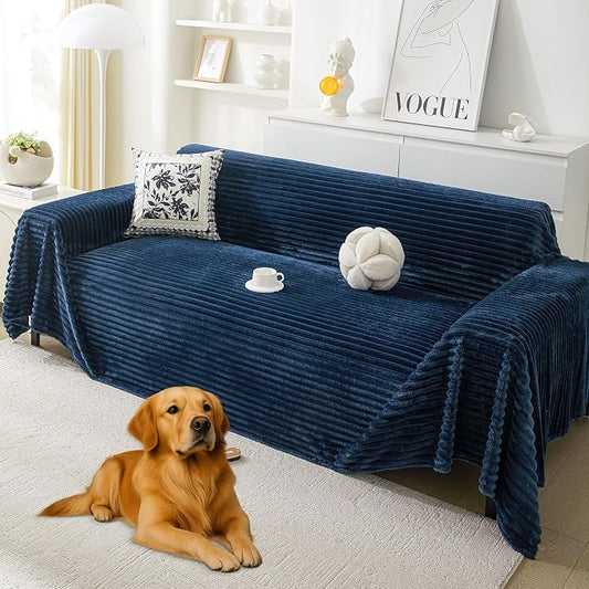 HAOMAIJIA Faux Fur Sofa Covers Couch Covers for 2 Cushion Couch Sofa Pet Friendly Soft Non Slip Couch Cover for Dogs Washable Sectional Couch Covers L Shape Furniture Protector (Navy Blue, 71"x118") by HAOMAIJIA