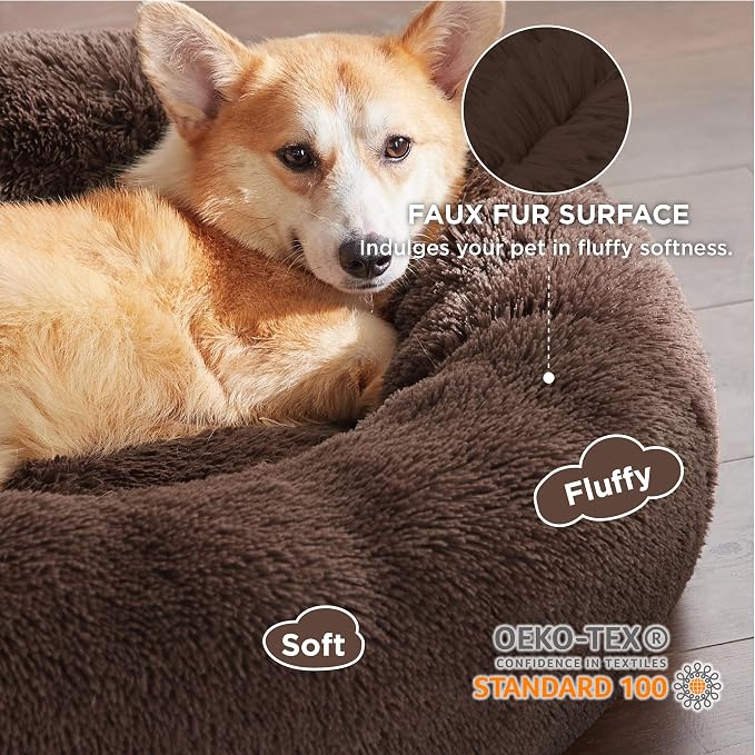 Bedsure Calming Dog Bed Medium Size Dog Donut Washable Pet Bed,30ins Coffee | Fluffy Faux Fur Round Cuddler,Machine Washable,Anti-Slip Bottom,Anti-Anxiety,Deep Sleeping for Pets Up to 45 Lbs - Image 2
