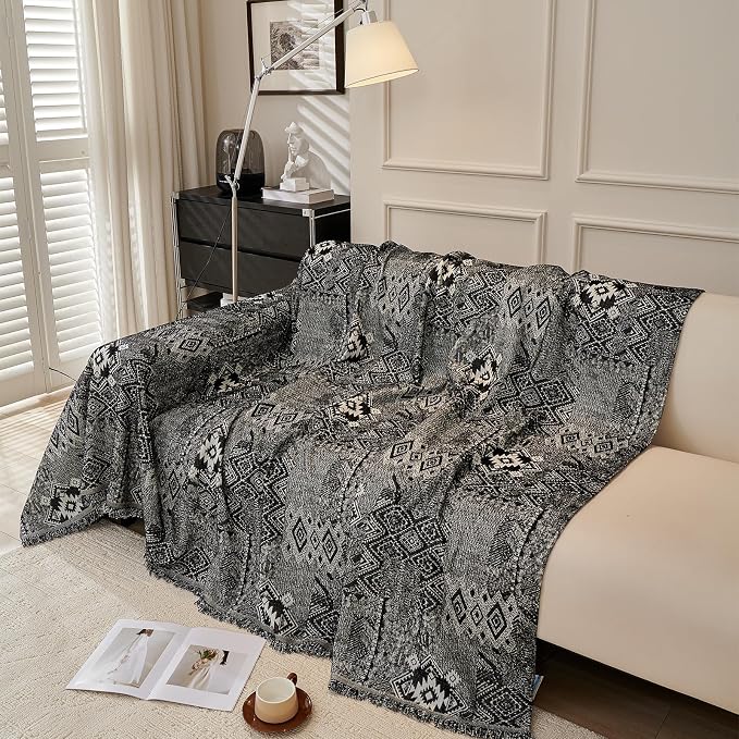DREAMINGO Couch Covers for Sofa Boho Geometric Jacquard Vintage Sofa Covers 3 Seater Non Slip Chenille Furniture Protector for Dogs Pets Washable Sectional Couch Slipcovers, Black, 71"x150" - Image 2