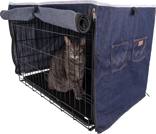 Wrangler Denim Dog Crate Cover – Durable, Breathable & Stylish Dog Kennel Cover with Rollable Panels & Front Pocket for Accesories - Machine Washable Crate Covers for Dog Cages (S) by Wrangler%C2%AE