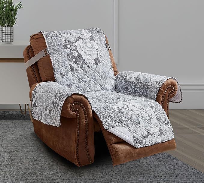 Brilliant Sunshine Multi Grey Flowers Couch Recliner Cover, 28" seat | Patchwork Design, Non Slip Sofa Cover, Furniture Protector, Large Washable Reclining Chair Slipcover for Pets, Dogs & Cats by BrilliantSunshine