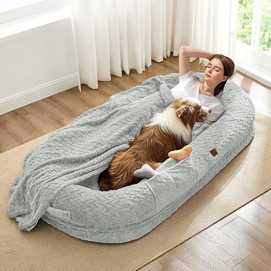ChiXnuggle Orthopedic Human Dog Bed,with Faux Fur Washable Cover,Blanket | light grey,72*40*10,giant dog bed for adult or extra large dogs,egg crate foam,non-slip bottom by SnuggleUpPawsDown