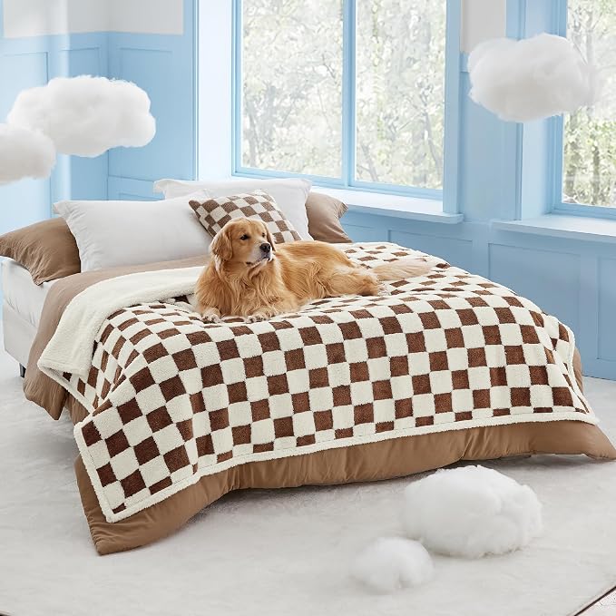 LE SURE Waterproof Blanket for Bed Cute Cozy 3D Jacquard, Twin（60x80） | Dog Blankets for Large Dogs, Pet Aesthetic Gift, Warm Soft Sherpa Throw, Reversible Couch Protector, Brown Checks by Lesure