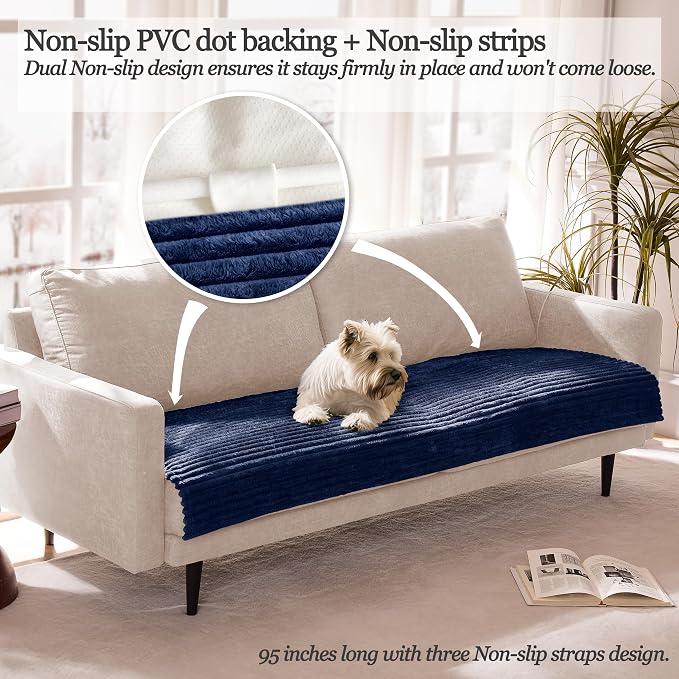 Dual Non-Slip Couch Cover for Dogs Waterproof, Fuzzy Soft Pet Couch Covers for Sofa 3 Cushion, Pet Friendly Soft Dog Bed Covers Sofa Cover Washable (Navy Blue, 33" x 85" 1 Pack) - Image 2