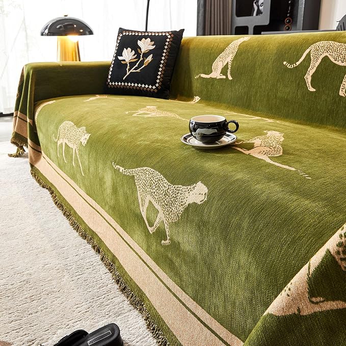 Chenille Sofa Cover with Tassels, Non-Slip Couch Cover for Seat Sofas, Washable Furniture Protector for Pets & Kids, Modern Leopard Pattern Chenille Blanket ((Green, 90″x118″) by Evaloome