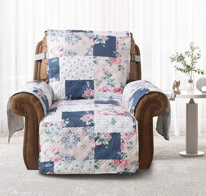 Brilliant Sunshine Vintage Indigo and Pink Roses Recliner Cover, 26" seat | Traditional Patchwork Design, Non Slip Sofa Cover, Quilted Furniture Protector, Washable Reclining Chair Slipcover for Pets - Image 3